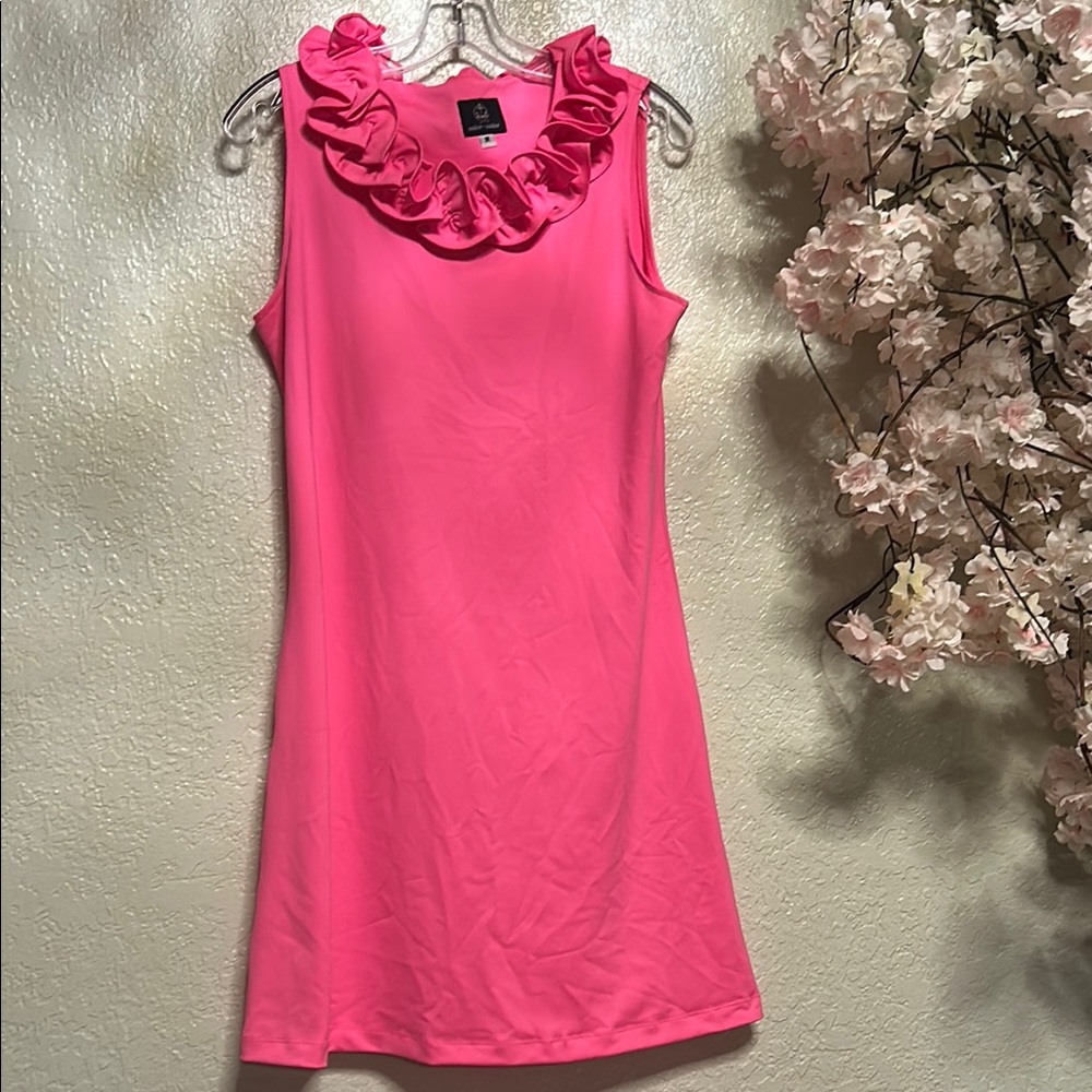 Vibrant Pink Ruffle Neck Midi Dress